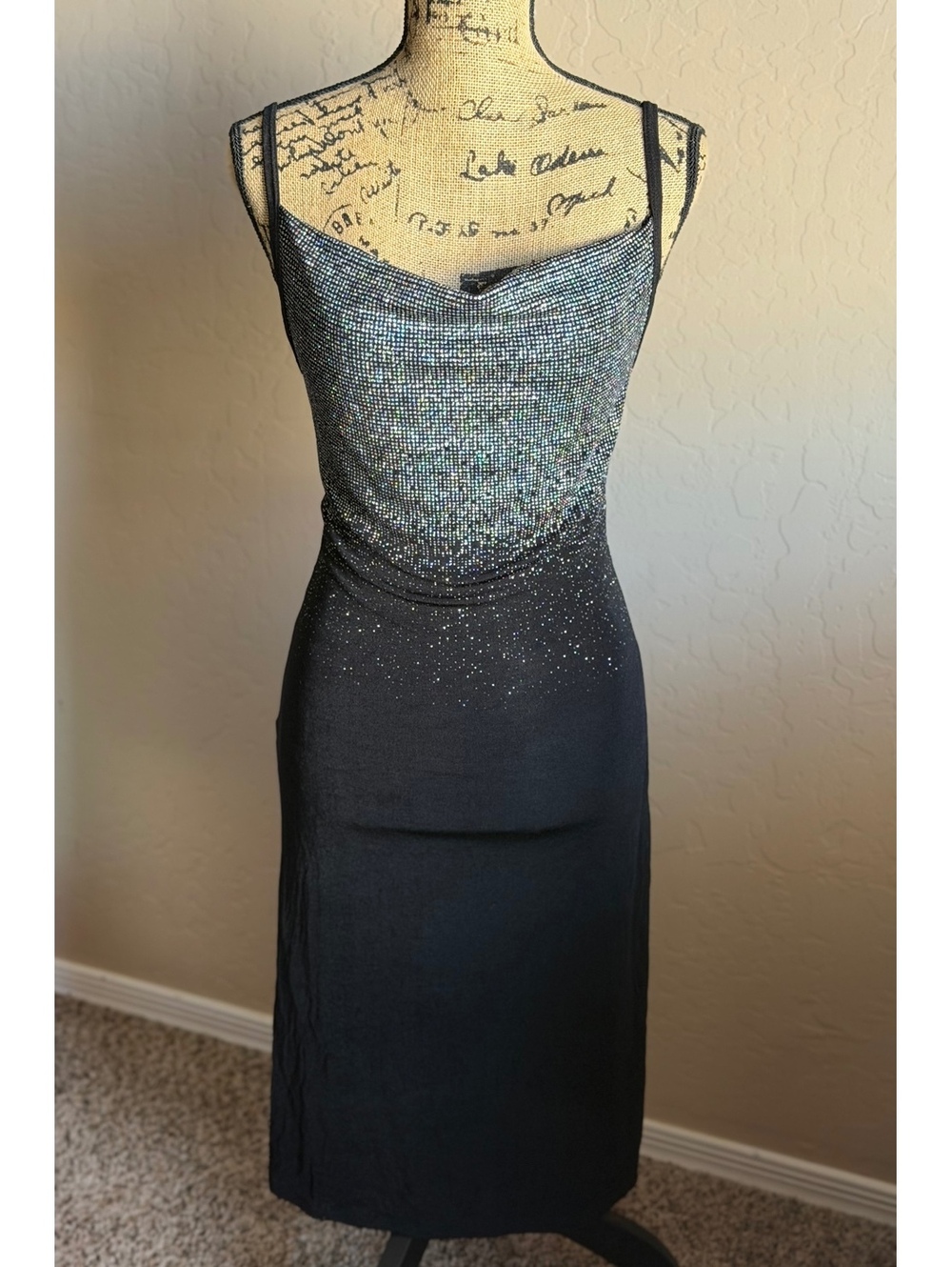 Vintage Y2K Eye Candy Black Holographic Glitter Cowl Neck Midi Dress M USA